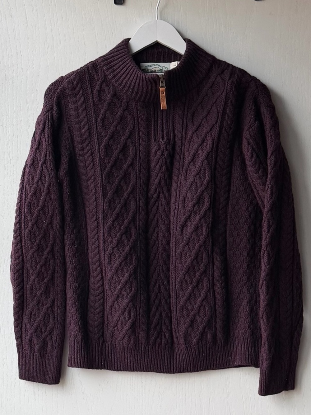 Aran Crafts Sweater Ireland Woman’s L Cable Knit 1/4 Zip Merino Wool Purple
